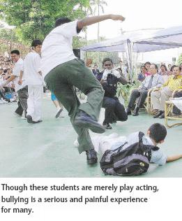 Though these students are merely play acting, bullying is a serious and painful business for many.