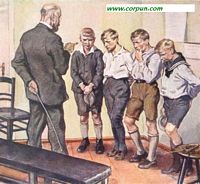 Schoolmaster with cane and schoolboys: CLICK TO ENLARGE